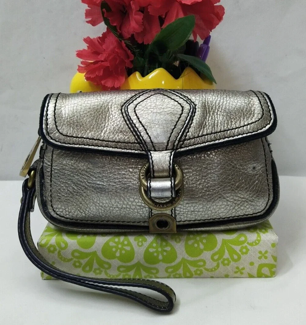 Marc By Marc Jacobs Metallic Silver Leather Buckle Wristlet - Coin Wallet